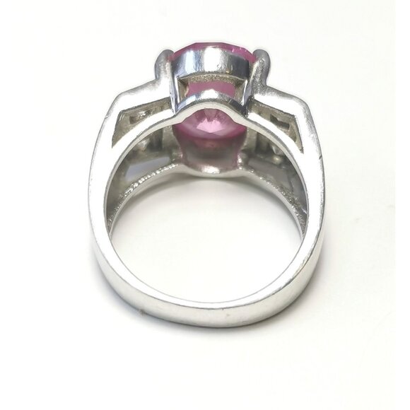 Oval Pink Gemstone Ring Sterling Silver 925 | Size 5.5 | Elegant Retro Cocktail - Picture 6 of 8